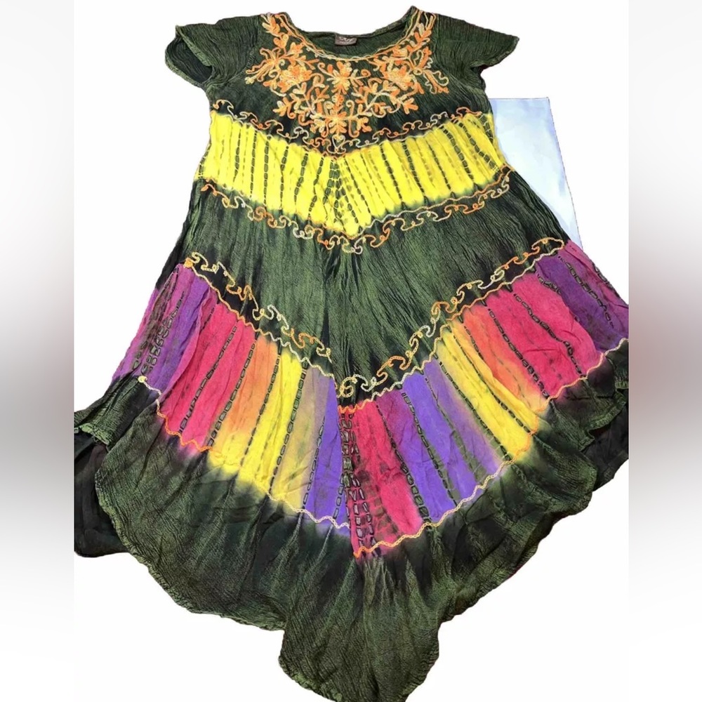 Tie dye green FESTIVAL dress Flowy rayon beachy COLORFUL Embroidered Tribal OS